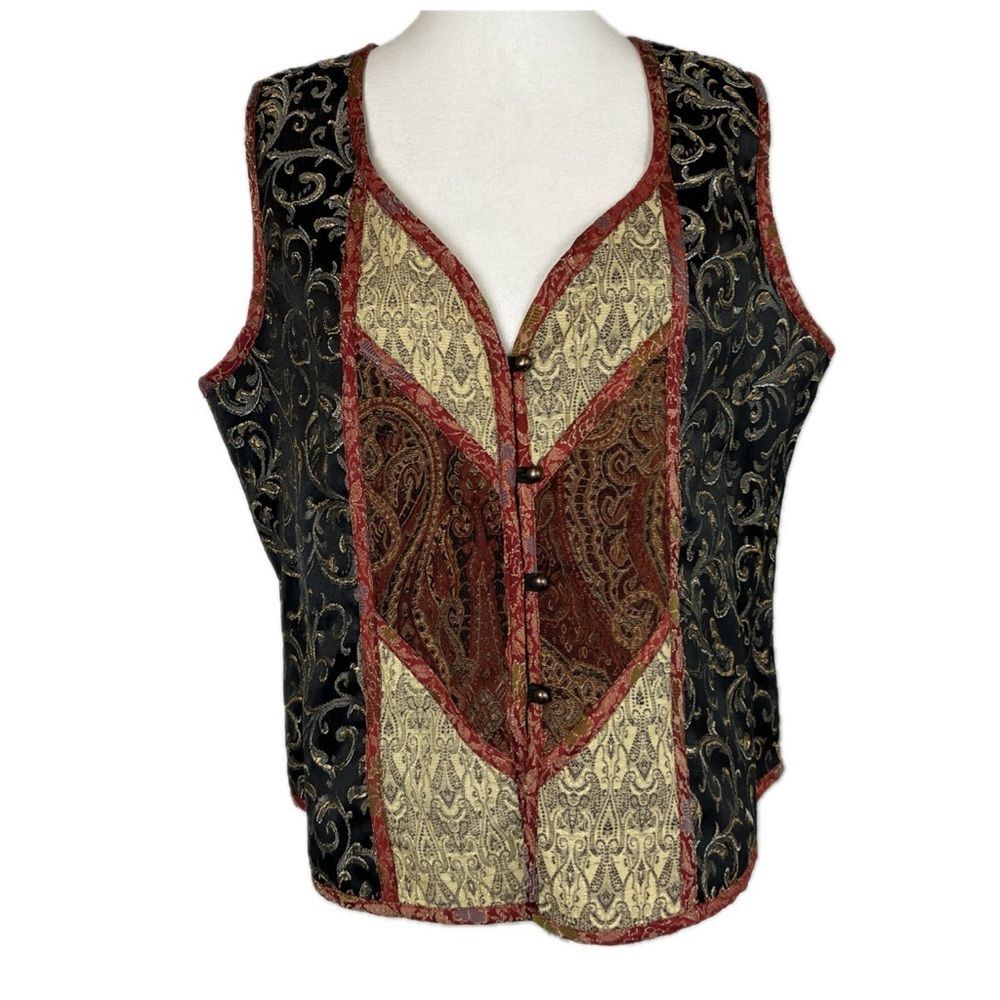 Vintage White Stag Patchwork Brocade Mixed Media Vest L Art Wear Boho 90s